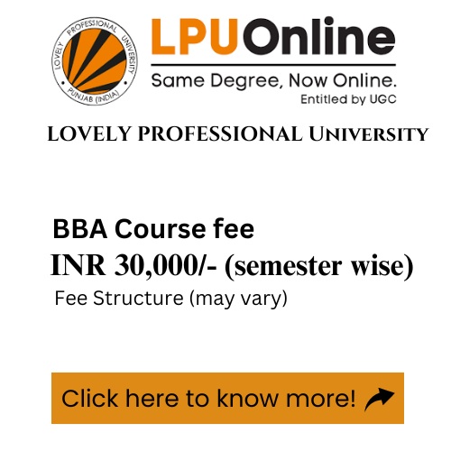 An advertisement for Lovely Professional University's online BBA program, detailing the course fee.
