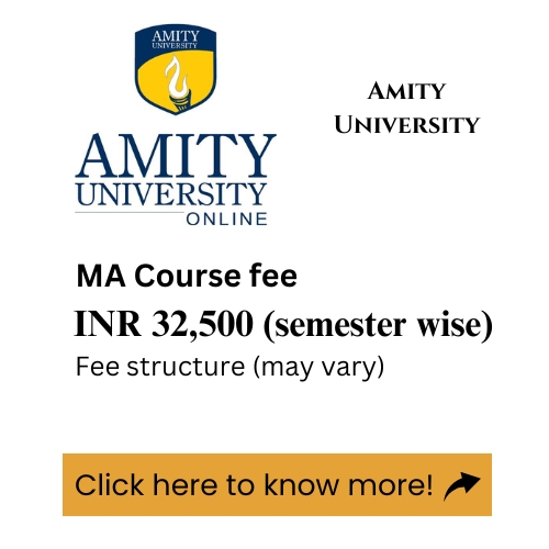 An advertisement for Amity University's online MA program, detailing the course fee.