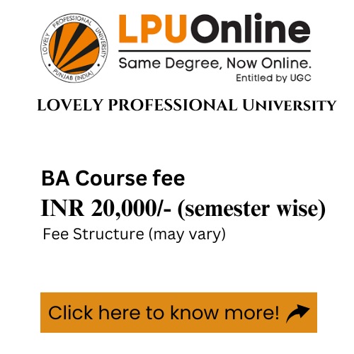 An advertisement for Lovely Professional University's online BA program, detailing the course fee.