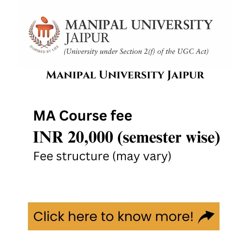 An advertisement for Manipal University jaipur MA program, detailing the course fee.
